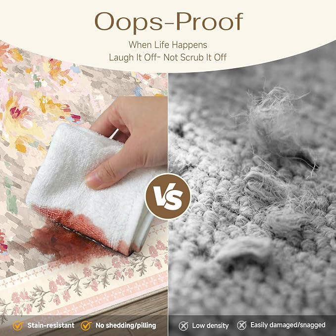 3x5 Washable Area Rug for Entryway Beige Pink Floral Abstract Soft Throw Rug Modern Non Slip Low Pile Small Carpet for Kitchen Bathroom Living Room Bedroom