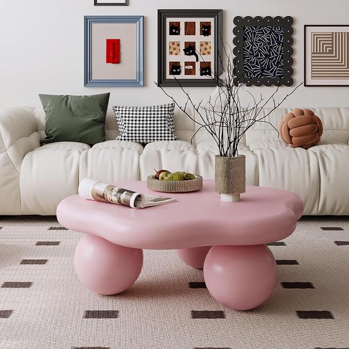 35.03" Cloud Coffee Table for Living Room Unique Coffee Table Modern Low Coffee Tables Cute Center Table with 3 Ball Legs for Small Space Apartment Cream Flower-Pink