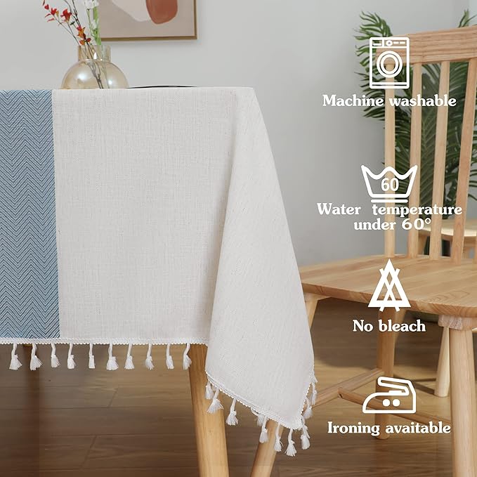 JIALE Tablecloths for Rectangle Tables,Cotton Linen Table Cloth Waterproof Tablecloth Wrinkle Free Farmhouse Dining Tables Cover,Soft Fabric Table Cloths with Tassels, Blue, 55" X 102",8-10 Seats