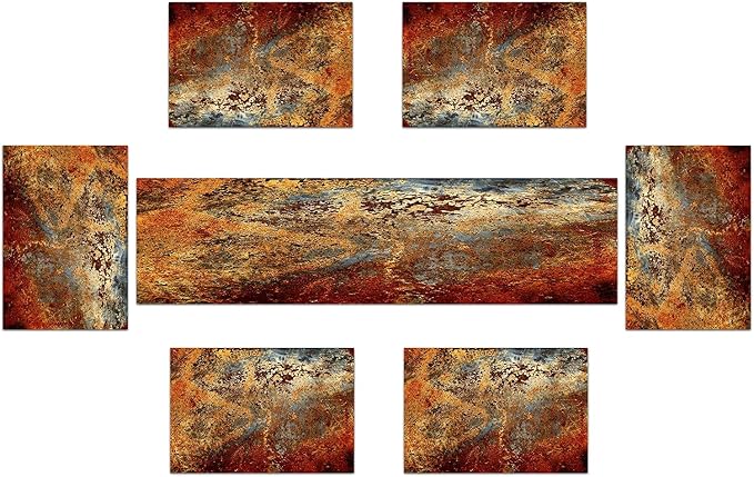 Brown Rust Table Runner and Place Mats Set of 6 Abstract Colorful Metal Steel Iron Rusty Stain Linen Dining Mat Sets Washable Vintage Splash Messy for Home Table Decorations 90 Inches Long