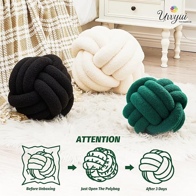 Uvvyui Knot Pillow Ball, Soft Home Decorative Pillows, Round Throw Pillow, Handmade Knotted Plush Pillow, Round Boucle Pillow Cushion (11 Inches Dark Green)