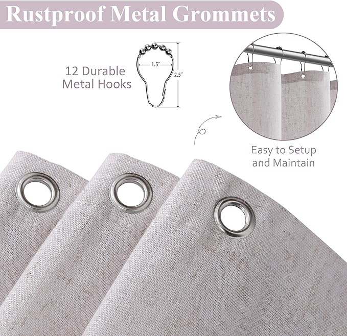 Naturoom Champagne Linen Shower Curtain, Cloth Textured Fabric Shower Curtain Set with Hooks, Simple Elegant Modern Farmhouse Country Ultra Thick Bath Curtains for Bathroom,Water Repellent,72x96