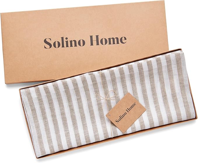 Solino Home Linen Table Runner 60 Inches - Amalfi Stripe 100% Pure Linen Natural and White Table Runner 14 x 60 Inch Ideal for Dresser and Coffee Tables - Summer