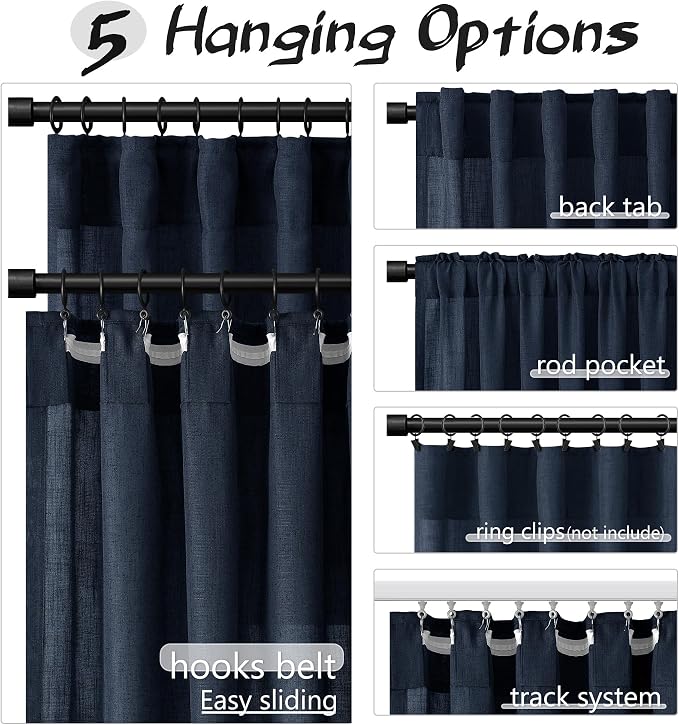 Joywell Linen Curtains 102 Inches Length Long Rod Pocket/Back Tab/Hook Belt/Clip Rings Semi Sheer Window Curtains Boho Farmhouse Drapes for Bedroom Living Room 2 Panels Set,52x102,Navy Blue