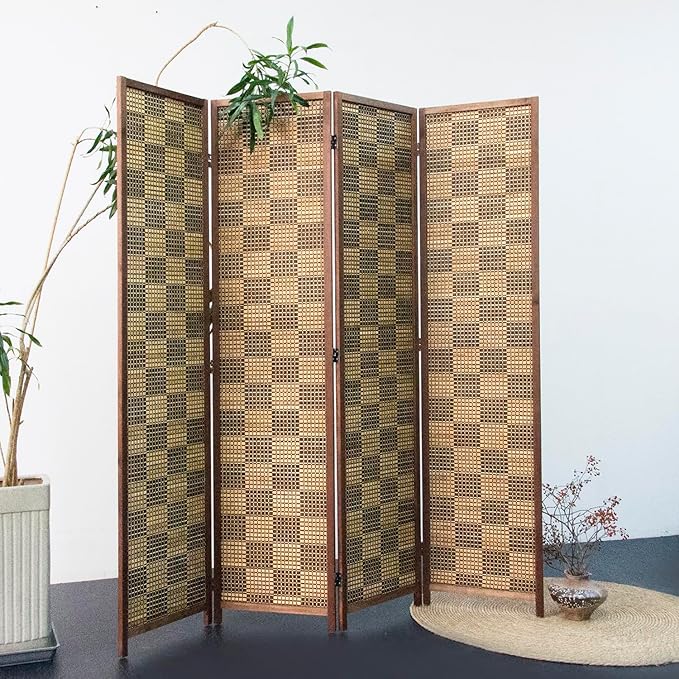 Furnnylane 4 Panel Bamboo Room Divider – 5.6 ft Tall Double-Sided Folding Privacy Screen, Freestanding Wall Partition for Home Office & Bedroom, Caramel Woven Texture, Easy Setup (67" H x 63" W)