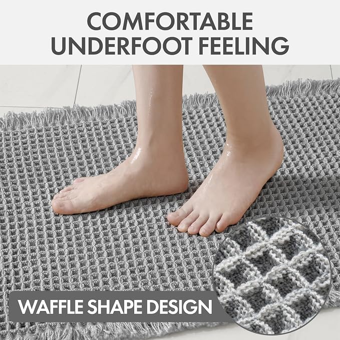 MIULEE Waffle Bathroom Runner Rugs, Super Absorbent Non Slip Bath Rug, Upgraded Soft Quick Dry Washable Boho Long Bath Mat with Tassels for Hallway Laundry Room Bedroom, 2'x4' (24"x48"), Light Grey