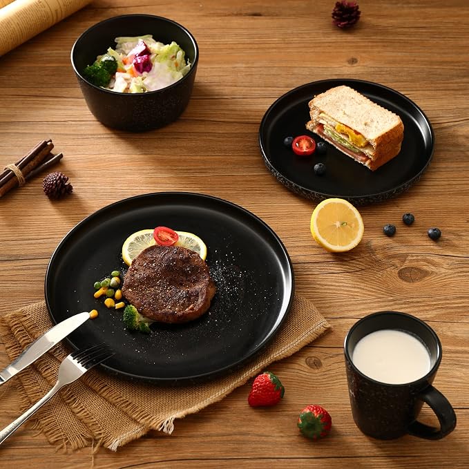 Bestone 16 Piece Round Kitchen Dinnerware Sets,Plates and Bowls sets,Dishes, Dinner Plates, Cereal Bowls Set，Bowls, Mugs, Dish Set，Plates and Bowls,Service for 4, Stoneware Dinnerware,Black matte