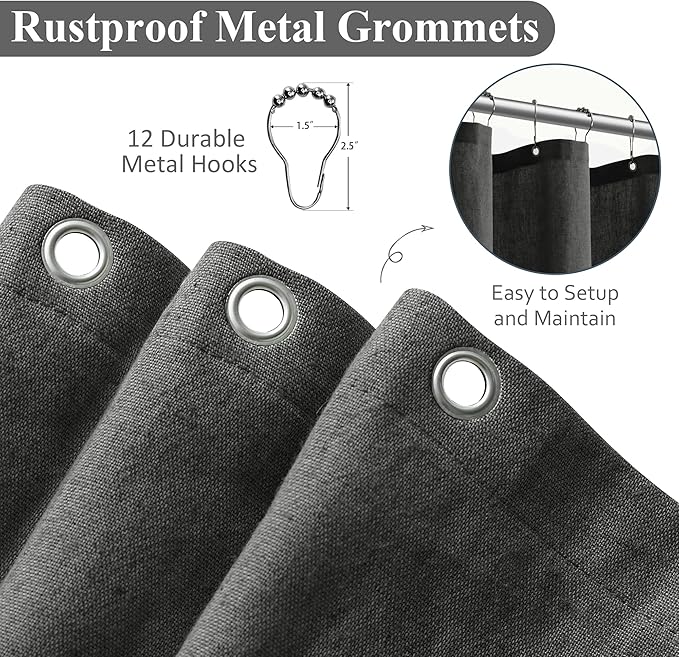 Naturoom Dark Grey Linen Shower Curtain, Country Boho Farmhouse Bath Decor Shower Curtains Neutral Cloth Weighted Textured Fabric Bath Curtain Liner with Hooks, 72x84