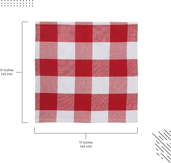 Encasa XO Cotton Cloth Napkins Set of 6, 17"x17" | Washable & Reusable Dinner Napkins Buffalo Red Checks Table Napkins for Farmhouse, Wedding, Holiday, Party & Everyday Dining