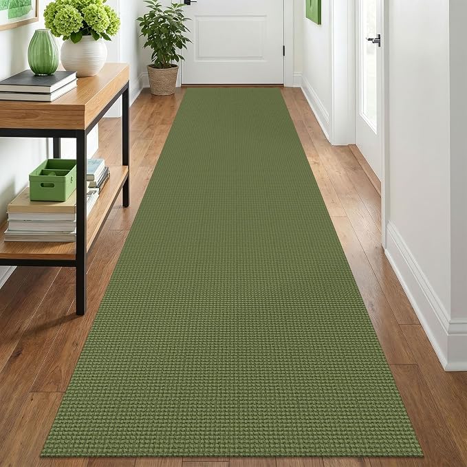 IOHOUZE Washable Runner Rug 2.6x12 Non Slip Rubber Backed Extra Long Hallway Runner Entryway Runner Indoor, Kitchen Rugs Woven Cotton Floor Carpet for Hall Entrance, Olive Green/Earthy Green