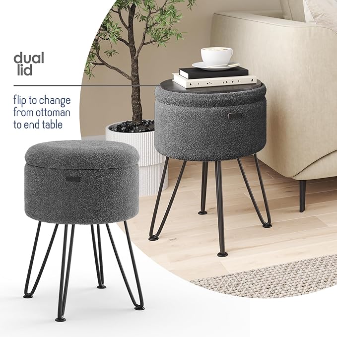 Round Ottoman with Storage, Boucle Storage Ottoman, Foot Stool Ottomans, Makeup Vanity Stool, Small Ottomans Foot Rest, Modern Vanity Stools for Living Room and Bedroom, Grey