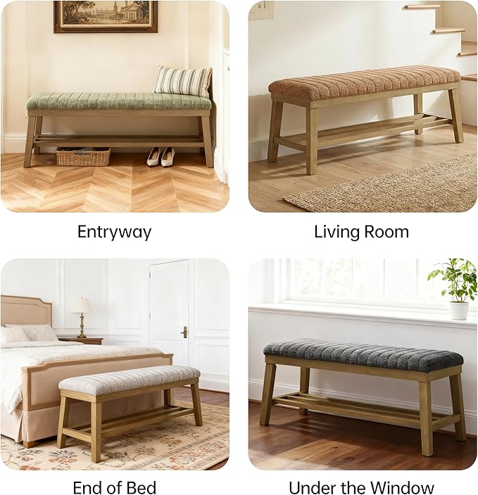 VKNOW Entryway Bench, 44.4" Upholstered Storage Shoe Bench for Entryway & Bedroom, Shoe Rack Bench with Rubberwood Legs, Modern End of Bed Bench for Living Room and Hallway, Black