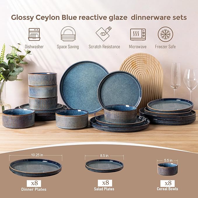 GBHOME 24-Piece Stoneware Dinnerware Set for 8 – Ribbed Ceramic Plates and Bowls, Scratch-Resistant, Microwave & Dishwasher Safe, Reactive Glaze, Ceylon Blue