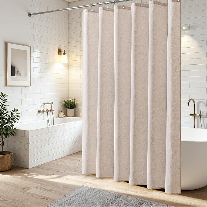 Naturoom Extra Long Linen Shower Curtain 84 Inch Long for Bathroom Shower Curtains Set with Hooks Boho Farmhouse Fabric Neutral Cloth Modern Cottage Core Waterproof,Cream Beige