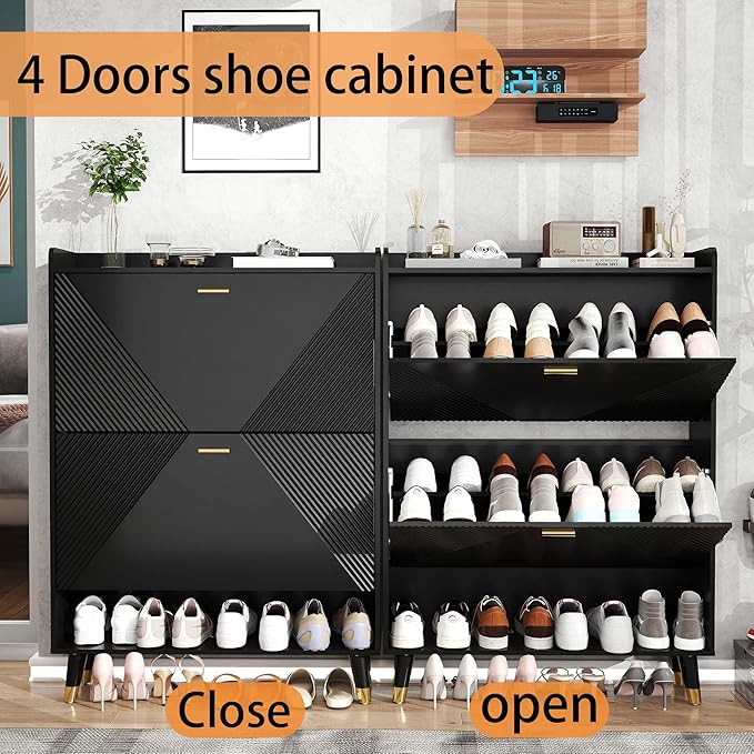Shoe Cabinet Storage for Entryway: 65" Black Narrow Shoe Organizer Cabinet with 4 Flip Drawers, Modern Hidden Shoes Rack for Front Door Entrance (Black, 4 Drawers)