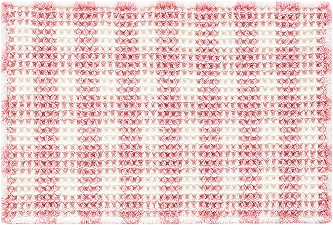 TYUU Waffle Bath Mat, Boho Bathroom Rugs Non Slip Washable Absorbent Checkered Bathroom Mat Quick Dry Cute Bath Mat, 30"x20" Pink and White