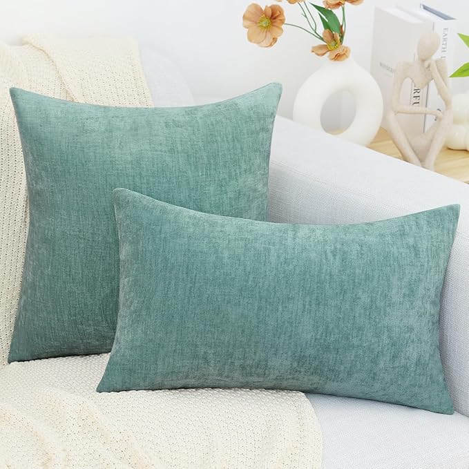 decorUhome Chenille Aqua Haze Throw Pillow Covers 26x26 Inch Set of 2, Decorative Soft Couch Pillow Covers Solid Dyed Accent Farmhouse Neutral Square Pillow Cases for Sofa