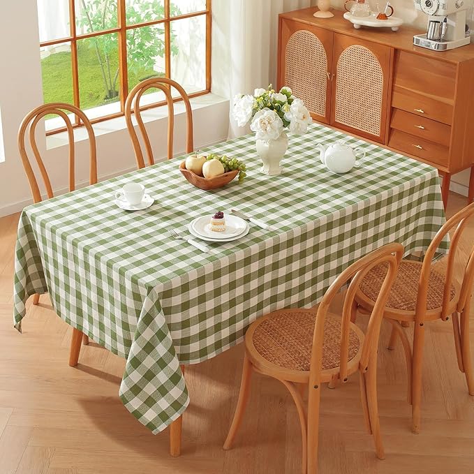 Green Gingham Tablecloth, Sage Checkered Cotton Linen Fabric Table Cloth, Washable Wrinkle Free Buffalo Plaid Table Cover for Farmhouse Picnic BBQ Camping 60"x106" Rectangle