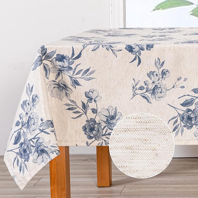 MYSKY HOME Rectangle 60x84 Inches, Tablecloth Linen Farmhouse Tablecloth Waterproof Decorative Grey Fabric Table Cloth for Kitchen Dining Floral Tablecloth for 8 Feet Table Blue Flower Tablecloth