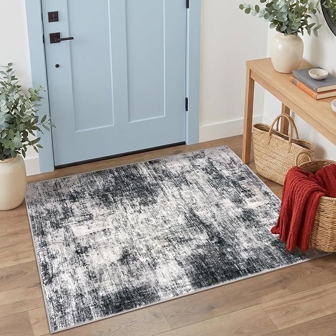 IOHOUZE Abstract Area Rug 3x4 Ft Washable Rugs for Entryway Indoor, Non Slip Kitchen Rug Printed Faux Wool Throw Rugs, Indoor Door Mat for Door Entrance Foyer Living Room, Black Grey