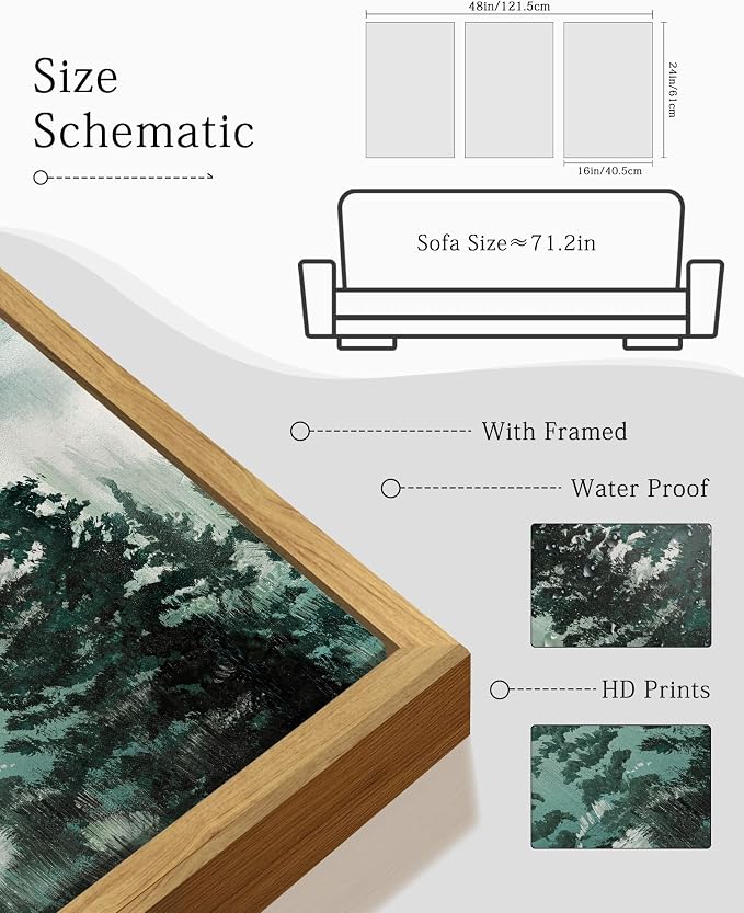 KUVIOKE Fog Pine Tree Mountain Landscape Framed Wall Art Watercolor Nature Misty Forest Painting Vintage Farmhouse Rustic Wall Decor for Bedroom Hallway 16x24in (Natural Framed)