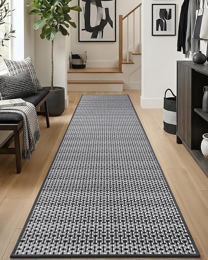 DEXI Hallway Runner Rug 2'4"x8', Non Slip Rubber Backed Runners Carpet, Ultra Thin Entryway Rugs Indoor for Kitchen Hallway Entrance Bedroom, Grey and White