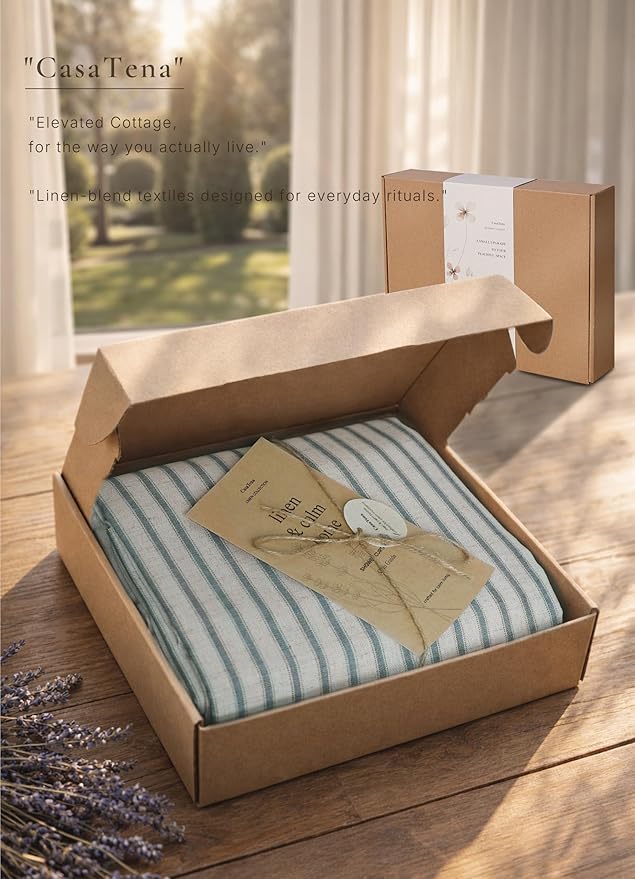 Farmhouse Striped Shower Curtain - 72x84 Inches, Linen Blend Fabric, Breathable & Machine Washable, Rustic Dusty Blue for Bathroom Decor (Hooks/Liner Not Included)