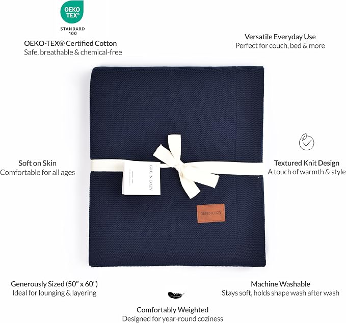 100% Cotton Knitted Throw Blanket – Oeko-TEX® Certified, Breathable & Soft, 50" x 60" – Substantial All-Season Blanket for Couch, Bed, Home Décor and Gifting - 2 lb (Navy Blue)