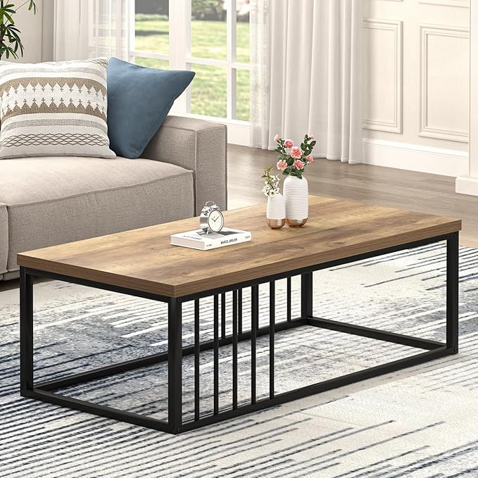 FOLUBAN Modern Coffee Table, Minimalist Wood and Metal Center Table for Living Room, Oak, 43.3 Inch