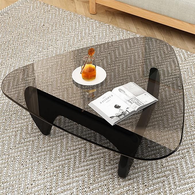 Glass Coffee Table for Living Room Mid Century Modern Coffee Tables Tempered Glass + Solid Wood Base Oval Small Center Table for Small Spaces Unique Triangle Coffee Table Abstract Cocktail Tables