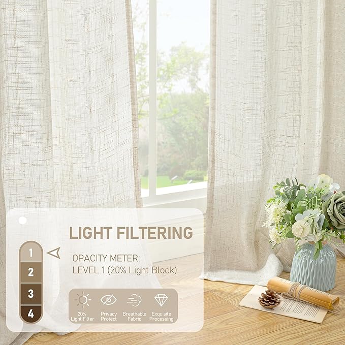 LAMIT Short Linen Kitchen Window Curtains 36 Inch Length, Over Sink Semi Sheer Light Filtering Panels Back Tab and Rod Pocket Drapes for Basement Bathroom Window, 2 Panels, Cream Ivory，34 x 36 Inch