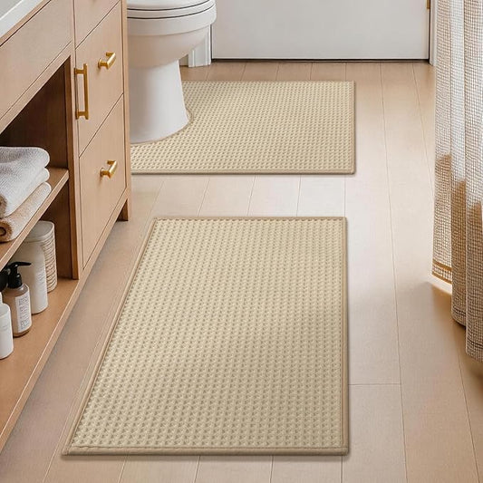 YIHOUSE Waffle Bath Mat, Ultra Soft & Absorbent Bathroom Rug, Non-Slip Rubber Backed, Quick Dry Shower Mat, Boho Farmhouse Bathroom Decor, Machine Washable, Beige,2PCS