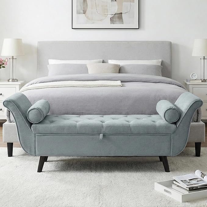 65" Velvet Storage Bench, 65" Vintage Upholstered Rolled Armed Button Tufted Stool Bench for Bedroom, Living Room, Entryway, Hallway, Dressing Room (Light Grey)