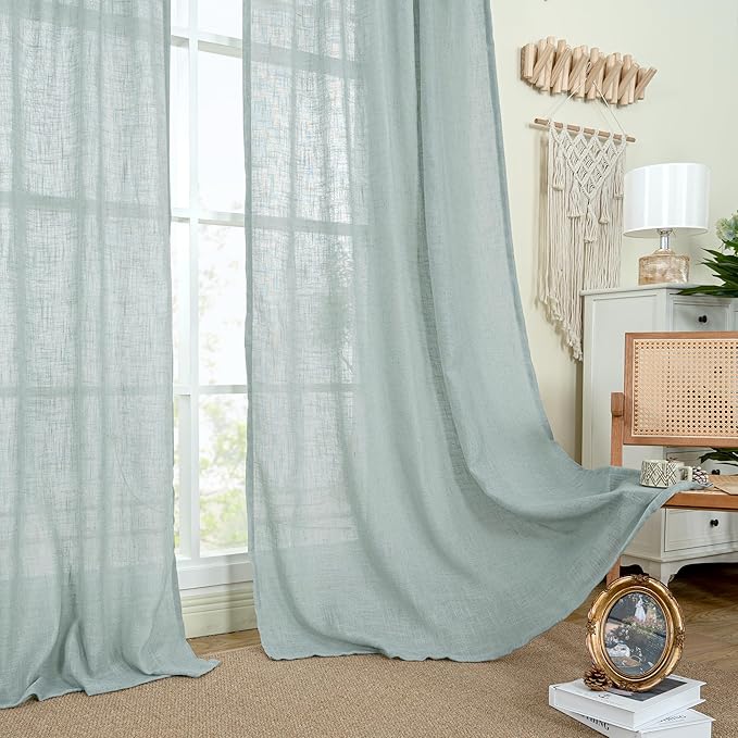 LAMIT Light Filtering Linen Curtains 68 inches Long for Bedroom, Faux Linen Textured Semi Sheer Back Tab and Rod Pocket Modern Drapes for Living Room/Farmhouse, Greyish Blue, 2 Panels, 52 x 68 Inch
