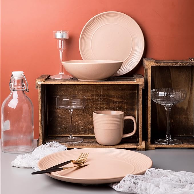 Arora RINGAR Round Stoneware 16pc Dinnerware Set of 4, Dinner Plates, Side Plates, Cereal Bowls, Mugs - Speckle Matte Coral (416867)