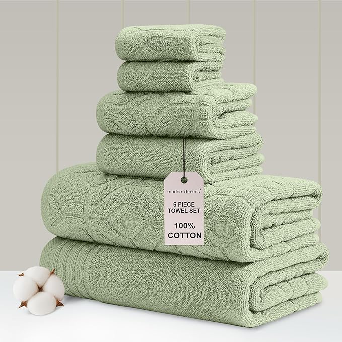 Modern Threads 6 Piece Cotton Bath Towel Set – Ultra Soft 550 GSM Towels – Bathroom Set with Hand Towels and Washcloths – Geometric (Soft Olive)