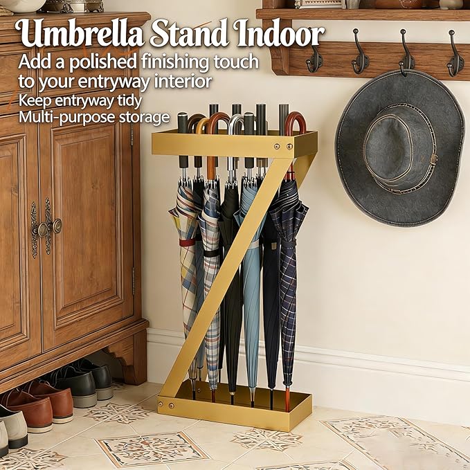 Gold Entryway Umbrella Holder - Indoor Umbrella Stand with Hooks, Stores Umbrellas & Canes, Anti-tip Design for Homes, Offices, Hotel Lobbies