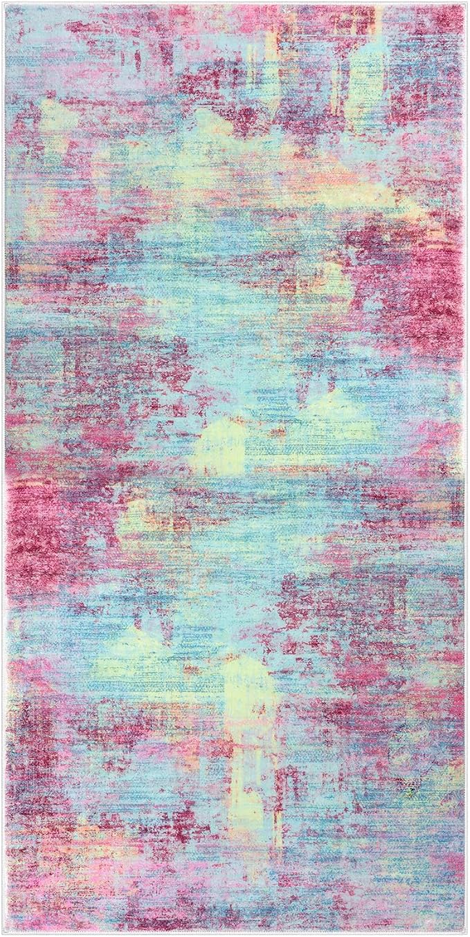 IOHOUZE Abstract Runner Rug 2x4 Ft Entryway Rugs Washable Door Mat Indoor Entrance, Rubber Backed Entryway Runners, Printed Faux Wool Non Slip Floor Carpet for Foyer Front Door Sink, Pink Teal