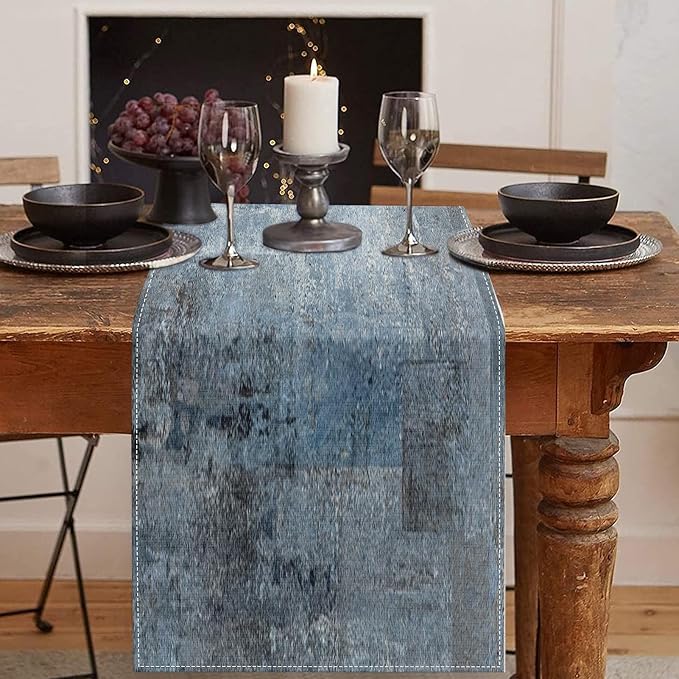 Emvency Farmhouse Style Table Runner, Abstract Art Painting Denim Blue Dining Decor for Kitchen Coffee Table Family Dinners Holiday Parties Wedding Events Decor(13x90 inch)