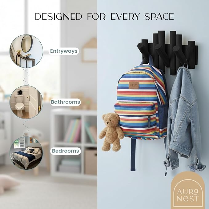 Bamboo Piano Coat Rack Wall Mount Pivoting Retractable Wooden Hooks for Entryway Hallway Mudroom Bedroom Bathroom | Matte Black Wood Hanger, 3 Hooks, Space Saving Organizer