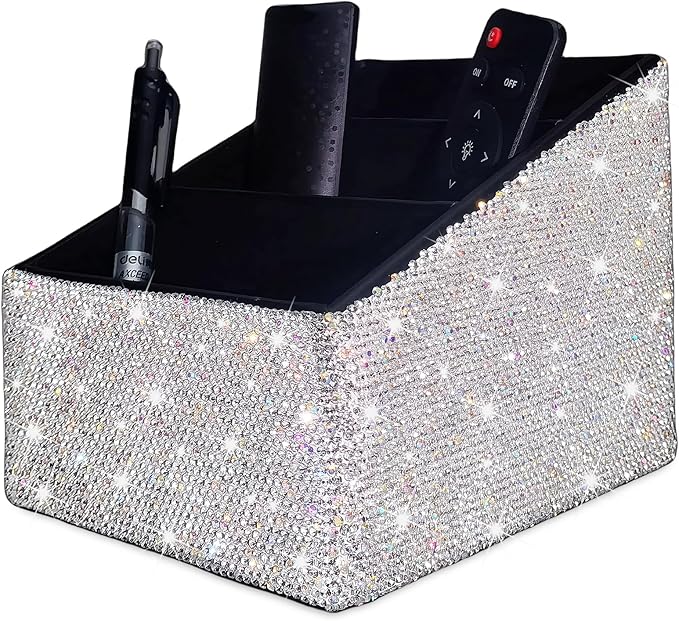 Bling Remote Control Holder with 3 Compartments, Rhinestone Storage Rack for Media Player, Heater Controllers Cosmetics Office, Decorative Desk Organizer Caddy,Diamond Nightstand Organizer for Women