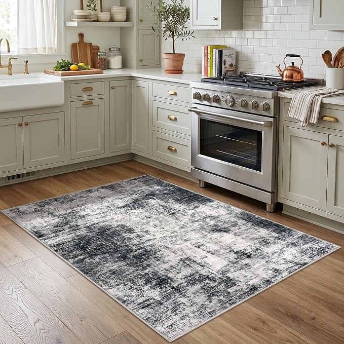 IOHOUZE Abstract Area Rug 4x5 Ft Washable Rugs for Entryway Indoor, Non Slip Small Living Room Rugs Printed Faux Wool Throw Rug, Floor Carpet for Kitchen Nursery Playroom, Black Grey