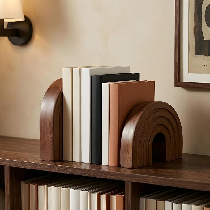 2Pcs Boho Decor Book Ends, Minimalist Wooden Arch Bookends for Shelves - Modern Farmhouse Decor for Living Room, Bedroom, Office & Dining Table