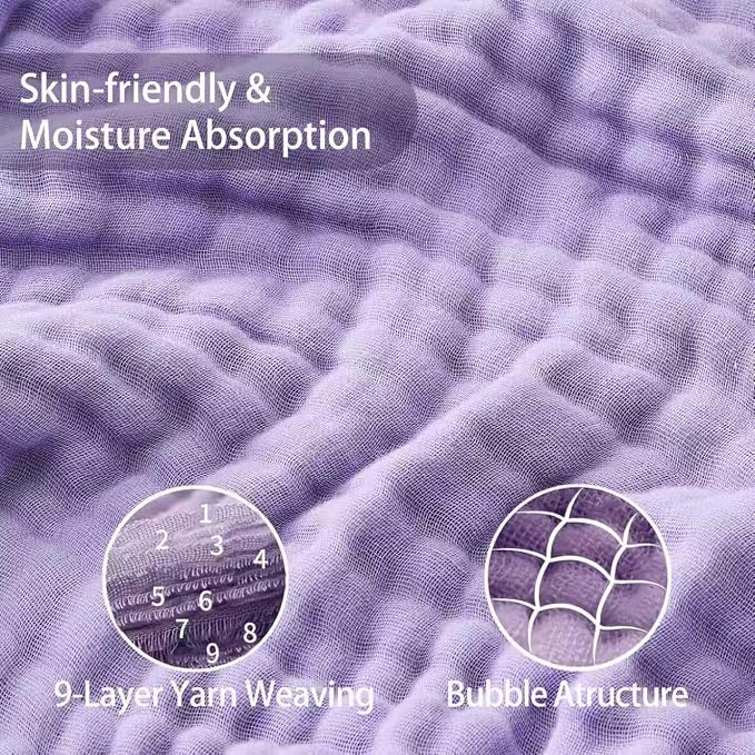 VANJOROY 9-Layer Muslin Throw Blanket King 90" x 108" Purple, 100% Cotton Organic Breathable Lightweight Large Throw for Couch Bed Quilt and Bedspread - All Season Muslin Soft Gauze Blanket