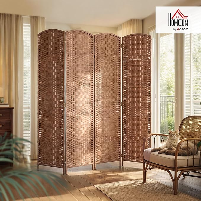 HOMCOM Room Divider 4 Panel, 6FT Tall Folding Privacy Screen, Freestanding Hand-Woven Partition for Room Separation with 360° Hinges, Paper Rope Diamond Weave, Natural