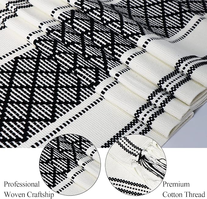 Wracra Boho Woven Table Runner 14 x 108 inches Black and White Rustic Table Runners Modern Farmhouse Style Vintage Rustic Table Runner with Tassels for Dresser Home Dining Table Decor(Black, 108")