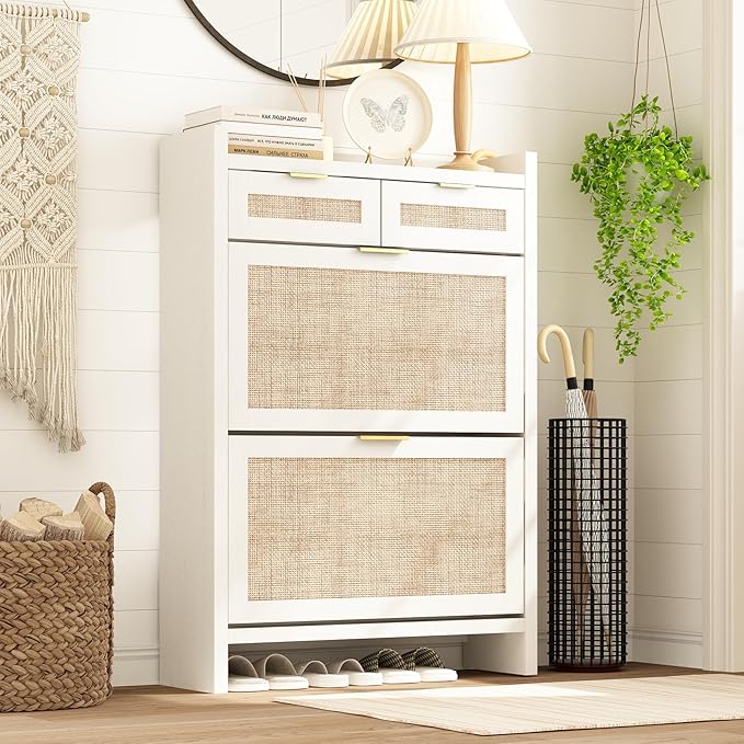 Shoe Organizer Cabinet Storage for Entryway - Slim Rattan Shoe Rack for Front Door Entrance, Narrow Hidden Shoe Cabinet with Flip Drawers, Boho Shoe Holder Cabinet，Two Doors, White