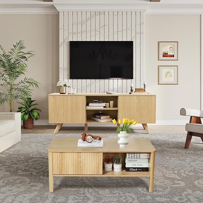 Rectangle Fluted Coffee Table with Storage and Sliding Drawers, Light Wood Coffee Table, Mid Century Modern Cofee Table Boho Style, Low for Living Room/Bedroom/Office (Natural)