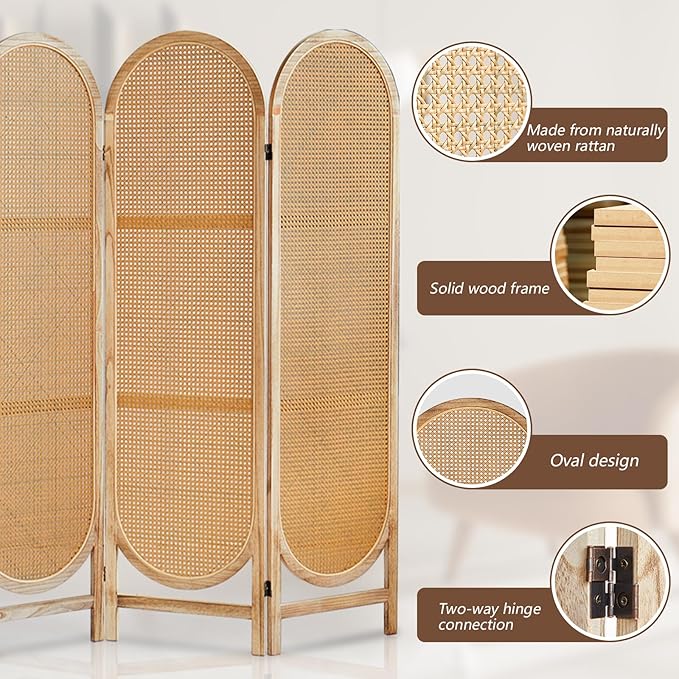 6 Panels Wood Room Divider and Folding Privacy Screens, Hand-Woven Rattan Room Dividers Panel, Room Divider Wall Freestanding Room Partitions Screen for Home Office Bedroom, Light Brown