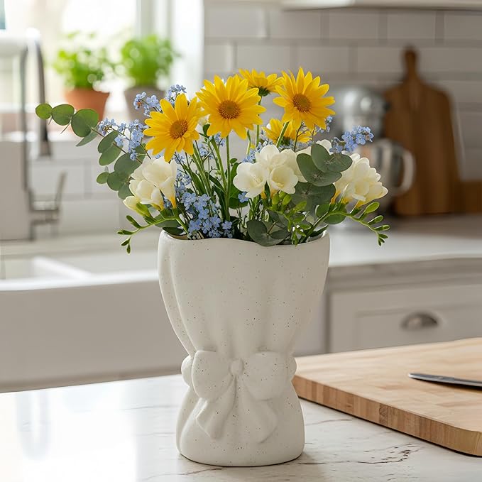 Lvases Bow Knot Ceramic Flower Vase, Textured Frosted Speckled White Minimalist Vases for Home Decor Bedroom Living Room Table Centerpiece
